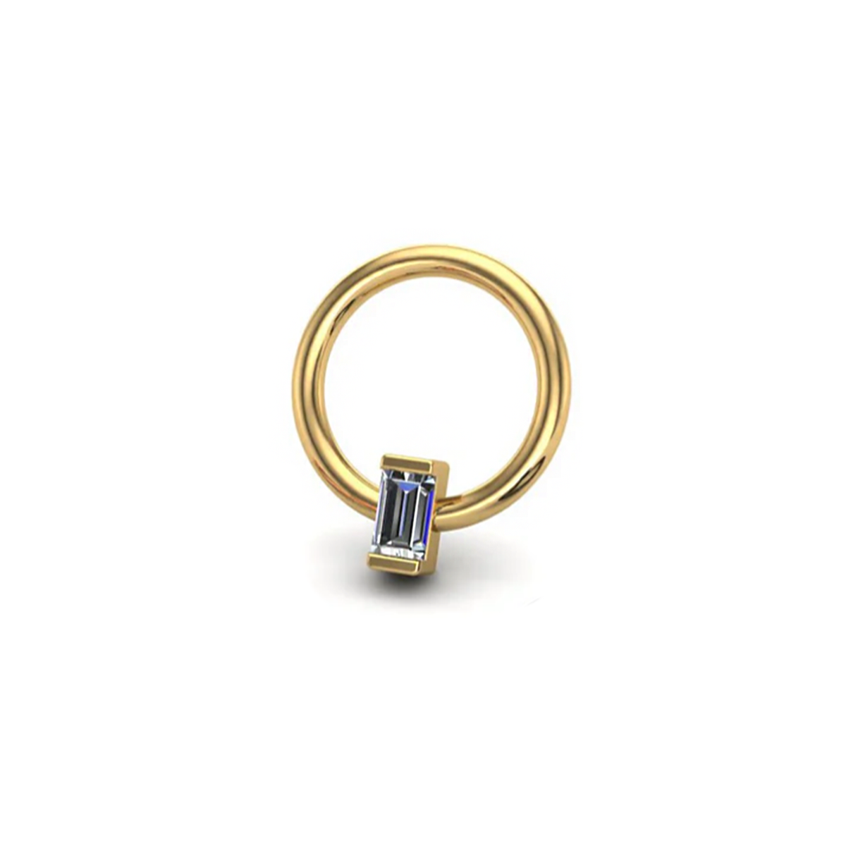 Gold ring with a rectangular gemstone on a white background