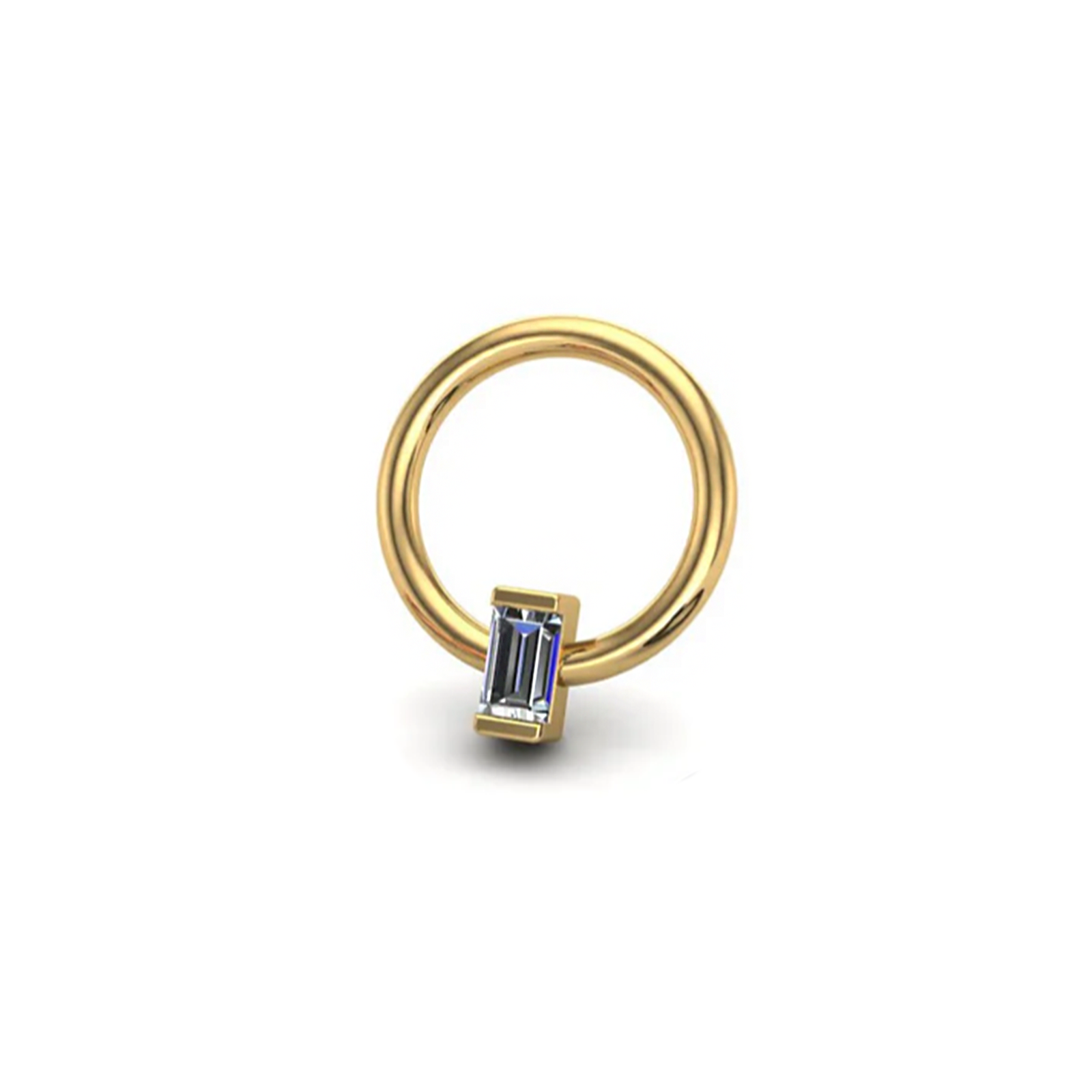 Gold ring with a rectangular gemstone on a white background